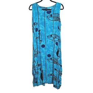 Kaktus Womens Sundress Size M Sleeveless Rayon Coastal‎ Art To Wear Blue Fish